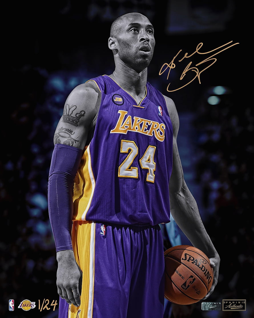 Kobe Bryant in Lakers Purple Jersey Holding Basketball with Signature HD phone wallpaper