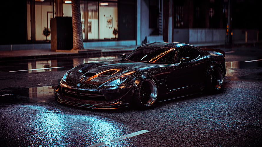 Black Dodge Viper SRT parked on a wet city street at night with neon reflections HD wallpaper