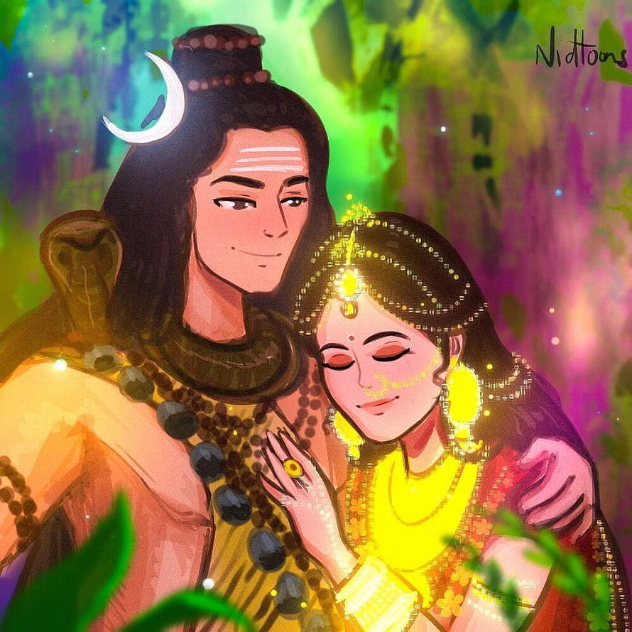 Mahadev and Parvati in a Tender Embrace with Crescent Moon and Rudraksha Beads HD phone wallpaper