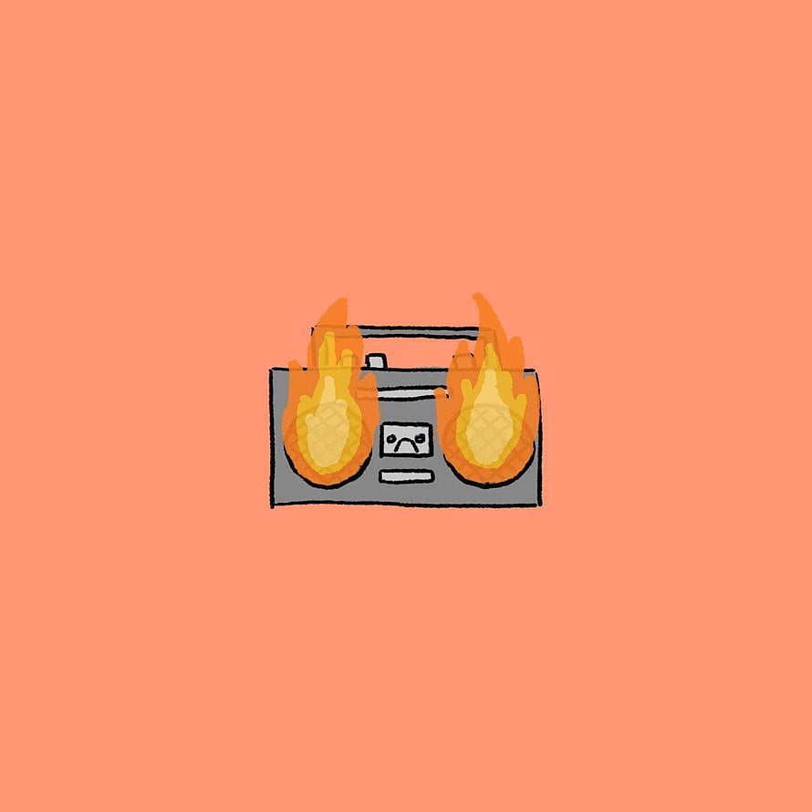 Claire Yoshioka Spotify Playlist Cover Featuring a Retro Boombox with Flames on a Peach Background HD phone wallpaper