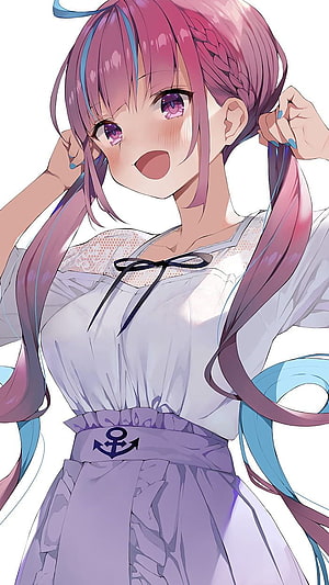 Minato Aqua Anime Character in White Dress with Pink Hair and Blue Ribbons HD phone wallpaper