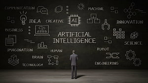 Man Standing Before Chalkboard with Artificial Intelligence Concepts and Technology Diagrams HD wallpaper