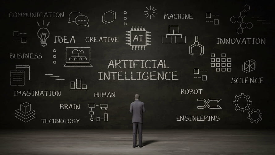 Man Standing Before Chalkboard with Artificial Intelligence Concepts and Technology Diagrams HD wallpaper