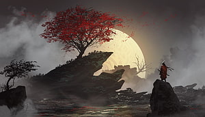 Lone Samurai Standing on Cliff in Sekiro Artwork with Red Tree and Moon HD wallpaper