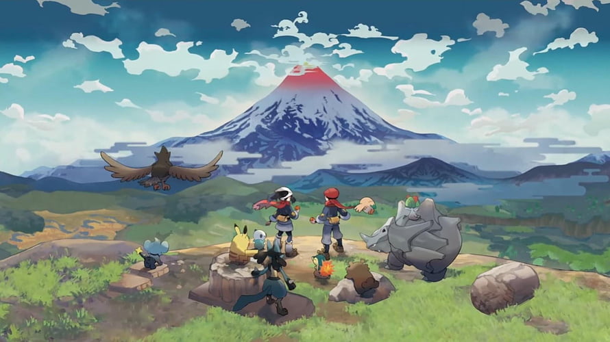 Pokemon Legends Arceus Characters and Pokemon on a Cliffside Overlooking a Volcanic Mountain HD wallpaper