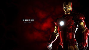 Iron Man in Red and Gold Armor with Glowing Arc Reactor Against Dark Red Smoke Background, Iron Man HD wallpaper