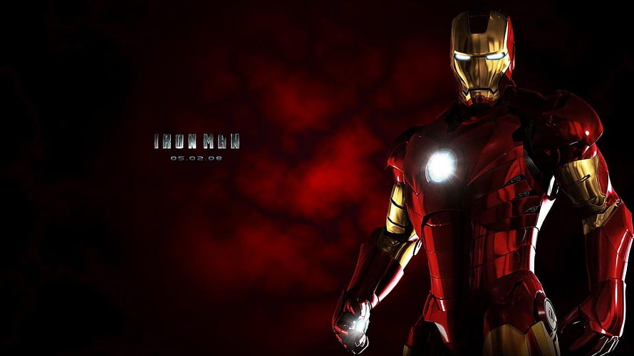 Iron Man in Red and Gold Armor with Glowing Arc Reactor Against Dark Red Smoke Background, Iron Man HD wallpaper