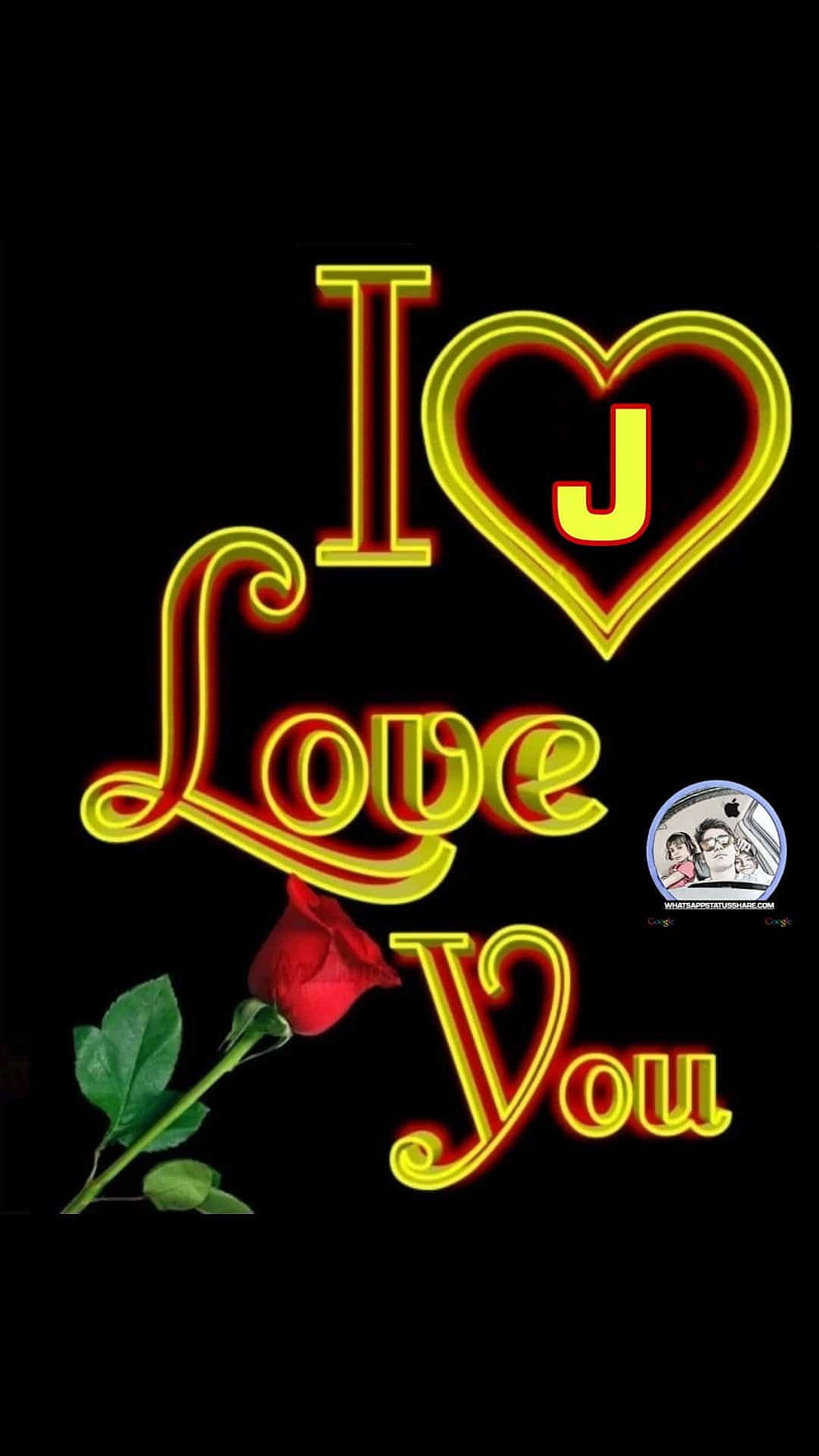 Neon I Love You J Text With Red Rose On Black Background HD phone wallpaper