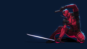 Deadpool Crouching with Katana and Pistol in Dark Comic Style HD wallpaper