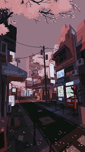 Karla Volkova Pixel Art Japanese Street Scene with Cherry Blossoms and Neon Signs HD phone wallpaper