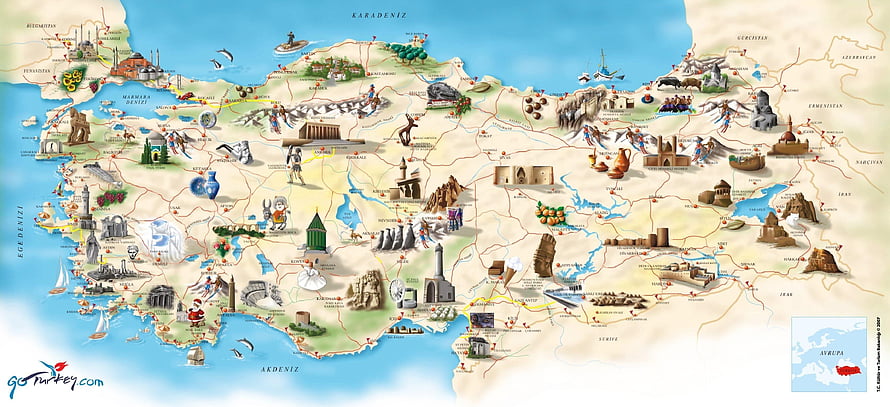 Illustrated Cultural Map of Turkey Featuring Historical Landmarks and Ancient Sites HD wallpaper