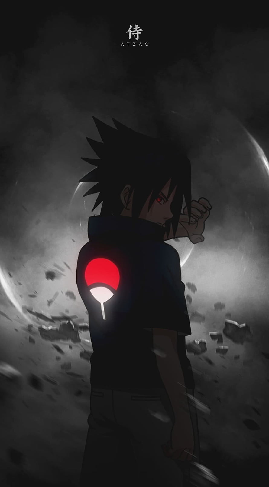 Sasuke Uchiha Sharingan Portrait with Uchiha Clan Crest in Dark Anime Style HD phone wallpaper