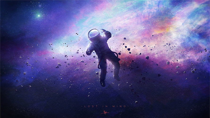 Floating Astronaut Drifting Through a Vibrant Purple and Blue Cosmic Nebula HD wallpaper