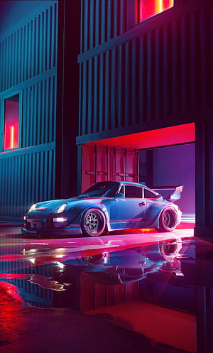Porsche RWB Concept Car in Neon Cyberpunk Industrial Setting HD phone wallpaper