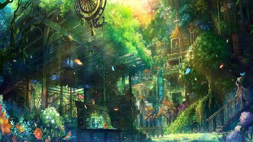 Lush Overgrown Fantasy Village with Hanging Lanterns and Vibrant Greenery HD wallpaper