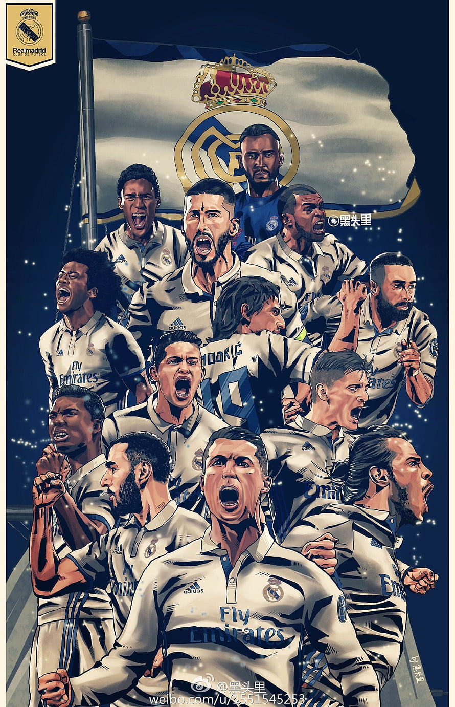 Real Madrid Legends Illustrated Squad Portrait in White Home Kits HD phone wallpaper