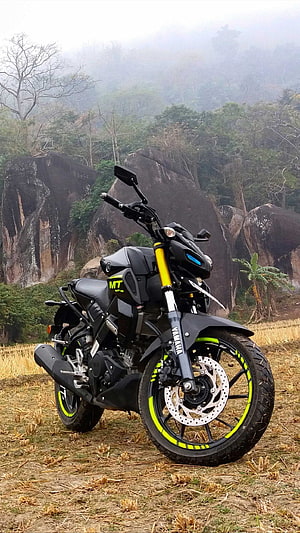 Yamaha MT-15 Motorcycle Parked on Rocky Hillside with Misty Forest Background HD phone wallpaper