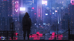 Cyberpunk Cityscape with Hooded Figure on Rooftop at Night HD wallpaper