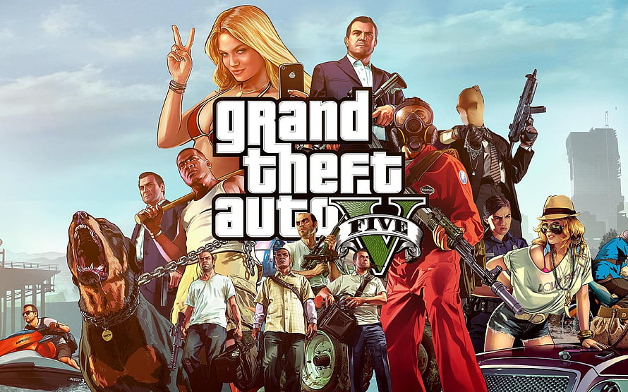 Grand Theft Auto V Key Art Ensemble Featuring Michael, Franklin, and Trevor HD wallpaper