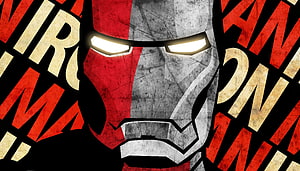 Iron Man Stylized Portrait with Glowing Eyes and Bold Typography HD wallpaper