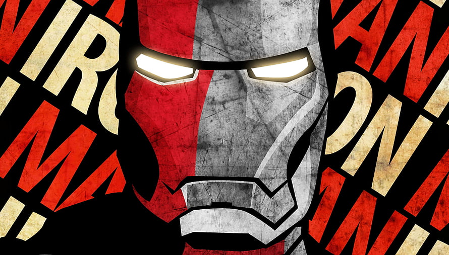 Iron Man Stylized Portrait with Glowing Eyes and Bold Typography HD wallpaper