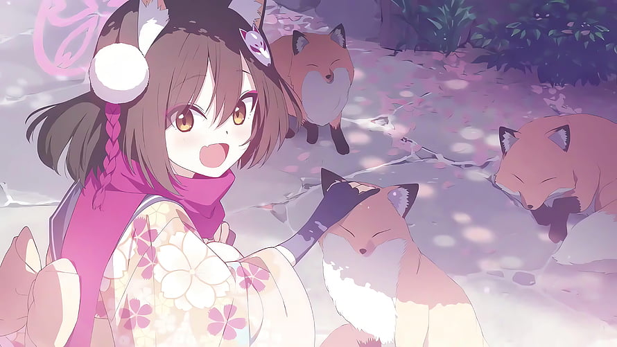 Kuda Izuna from Blue Archive in a floral kimono surrounded by sleeping foxes in a snowy forest HD wallpaper
