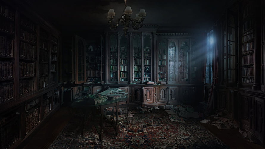 Dark Victorian Library Interior with Moonlight and Antique Bookshelves HD wallpaper