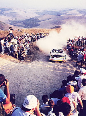 Audi Quattro Group B Rally Car Drifting Through Dust on a Gravel Stage HD phone wallpaper