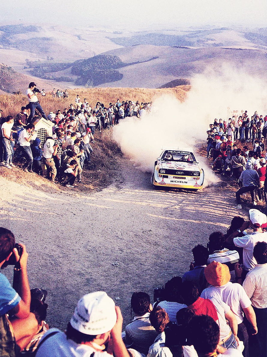 Audi Quattro Group B Rally Car Drifting Through Dust on a Gravel Stage HD phone wallpaper