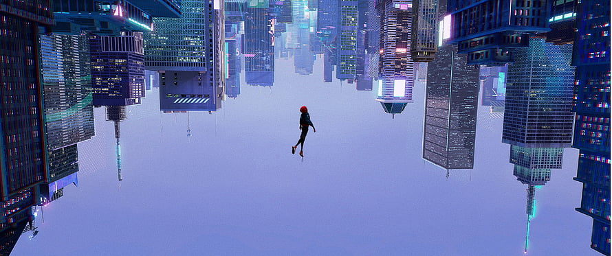 Miles Morales Falling Through a Futuristic Cyberpunk Cityscape HD wallpaper
