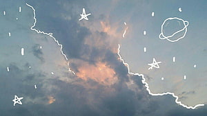 Hand-drawn stars and planet doodles over a soft sunset cloud sky HD wallpaper