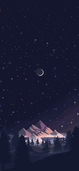 Pixel Art Night Sky with Crescent Moon, Starry Mountains and Pine Forest Landscape HD phone wallpaper
