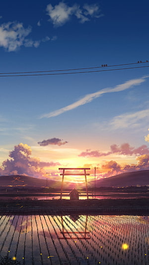 Anime Style Japanese Paddy Field at Sunset with Torii Gate and Fireflies HD phone wallpaper