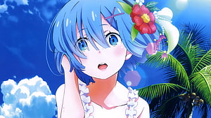 Blue-Haired Anime Girl With Tropical Flower Crown Under Bright Summer Sky HD wallpaper