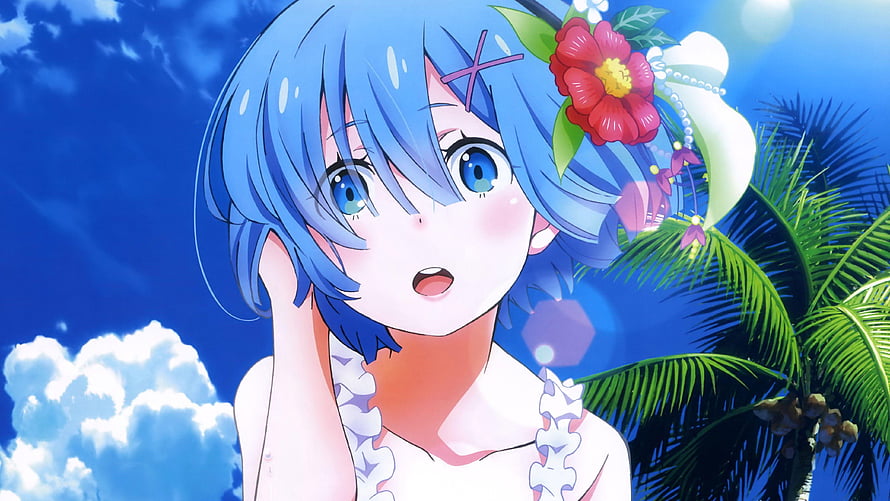 Blue-Haired Anime Girl With Tropical Flower Crown Under Bright Summer Sky HD wallpaper
