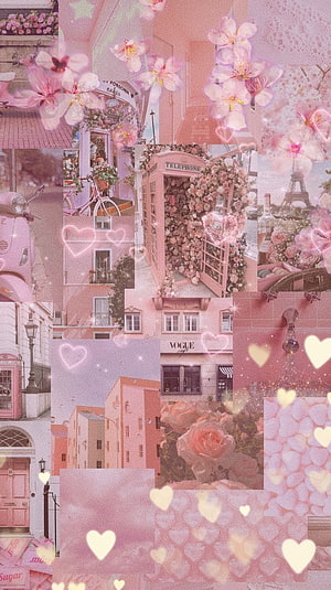 Dreamy Pastel Pink Parisian Collage with Cherry Blossoms and Glowing Hearts HD phone wallpaper