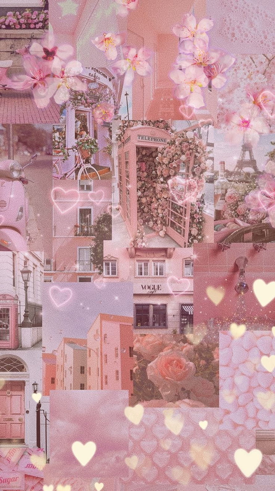 Dreamy Pastel Pink Parisian Collage with Cherry Blossoms and Glowing Hearts HD phone wallpaper
