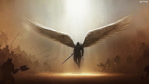 Warrior Angel with Sword and Wings on a Battlefield HD wallpaper