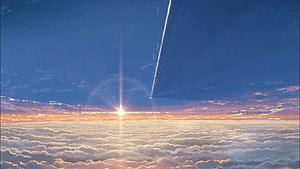Kimi no Na wa Sunrise Above Clouds with Meteor Trail and Lens Flare HD wallpaper