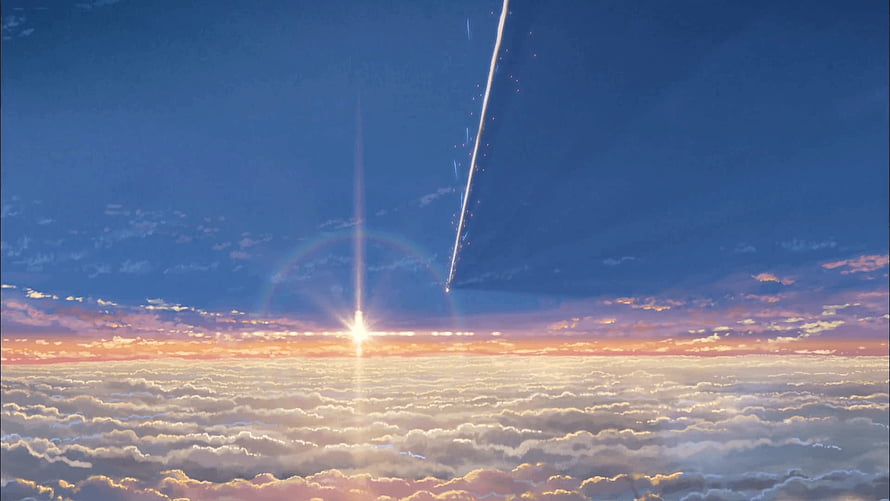 Kimi no Na wa Sunrise Above Clouds with Meteor Trail and Lens Flare HD wallpaper