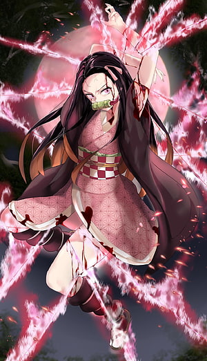 Nezuko Kamado in Pink Kimono with Bamboo Cuff and Blood Effects HD phone wallpaper