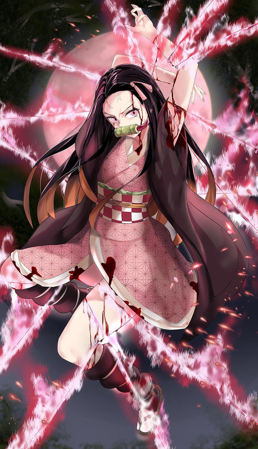 Nezuko Kamado in Pink Kimono with Bamboo Cuff and Blood Effects HD phone wallpaper