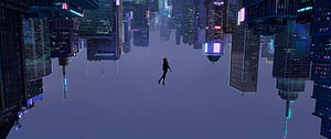 Miles Morales Leaping Through a Futuristic Cyberpunk Cityscape HD wallpaper