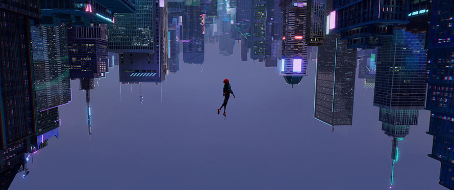 Miles Morales Leaping Through a Futuristic Cyberpunk Cityscape HD wallpaper
