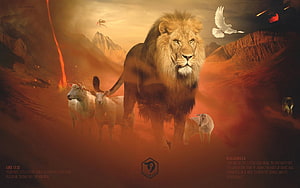 Lion of Judah with Sheep and Dove in Dramatic Biblical Landscape HD wallpaper