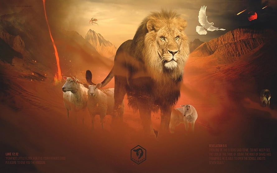 Lion of Judah with Sheep and Dove in Dramatic Biblical Landscape HD wallpaper