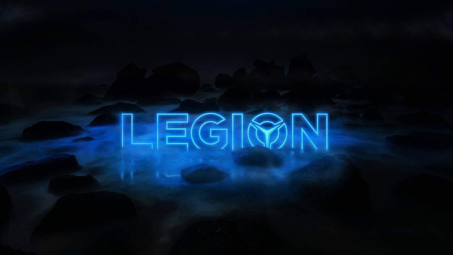 Lenovo Legion Glowing Blue Logo on Dark Misty Rocky Landscape HD wallpaper