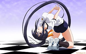 Akeno Himejima from High School DxD in a Dynamic Anime Pose on a Checkered Floor HD wallpaper