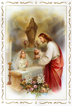 Sacred Holy Communion Scene with Jesus, Young Girl, and Virgin Mary in Traditional Religious Art HD phone wallpaper