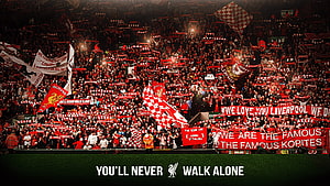 Liverpool FC Kopites Fans Chanting You'll Never Walk Alone in the Stadium HD wallpaper